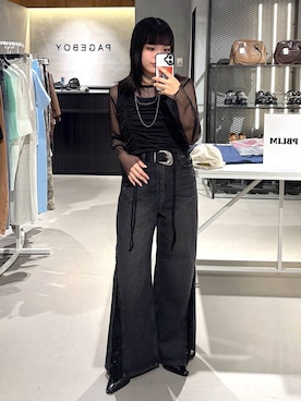 「PAGEBOY（ページボーイ）のレースキリカエデニム（デニムパンツ、ブラック系）」を使った、うなちゃんさん（レディース・152cm）の夏コーディネート