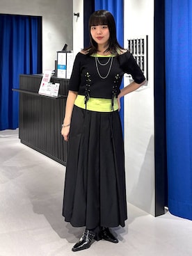 「PAGEBOY（ページボーイ）の【マシンウォッシャブル/前後2WAY】レースアップリブ×タンクSET（Tシャツ/カットソー、ブラック系）」を使った、うなちゃんさん（レディース・152cm）の夏コーディネート