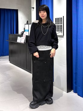 「PAGEBOY（ページボーイ）のダイバースエードスカート【セットアップ対応】（Skirt、ブラック系）」を使った、うなちゃんさん（レディース・152cm）の秋コーディネート