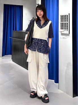 「PAGEBOY（ページボーイ）のWEB限定アイテム / レースバンドカラーシャツ（シャツ/ブラウス、ブルー系）」を使った、うなちゃんさん（レディース・152cm）の春コーディネート