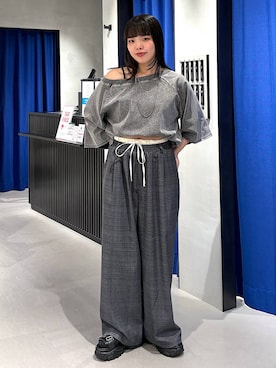 「PAGEBOY（ページボーイ）の＜まるでデニム見え！/紫外線カット/接触冷感/ストレッチ＞マルデニルーズネックトップス（Tシャツ/カットソー、グレー系）」を使った、うなちゃんさん（レディース・152cm）の夏コーディネート