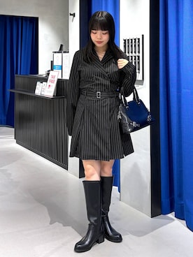 「PAGEBOY（ページボーイ）のベルトエンジニアロングブーツ 【美脚/脚長効果UP】（Boots、ブラック系）」を使った、うなちゃんさん（レディース・152cm）の秋コーディネート