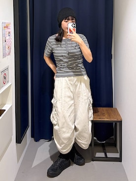 「PAGEBOY（ページボーイ）のマルチWAYネックヘンリー【ワンショル/オフショル/紐取り外し可能】（Tシャツ/カットソー、グレー系）」を使った、うなちゃんさん（レディース・152cm）の夏コーディネート