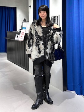 「PAGEBOY（ページボーイ）のベルトエンジニアロングブーツ 【美脚/脚長効果UP】（Boots、ブラック系）」を使った、うなちゃんさん（レディース・152cm）の秋コーディネート