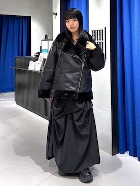 「PAGEBOY（ページボーイ）のムートンファーライダース（Riders jacket、ブラック系）」を使った、うなちゃんさん（レディース・152cm）の秋コーディネート