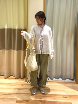 「Samansa Mos2（サマンサ モスモス）の透かしニットカーディガン（カーディガン/ボレロ）」を使った、しば。さん（レディース・152cm）の春コーディネート