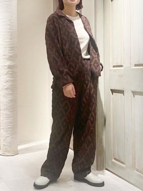 ダークブラウン】B2858 パイルジャガード幾何柄開襟シャツジャケット 