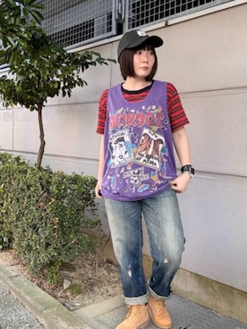 「RNA（アールエヌエー）のM2740 JUNKサンデープリントBIGタンク（タンクトップ、パープル系）」を使った、RNA MEDIA ZOZOTOWN STAFFさん（レディース・163cm）の夏コーディネート