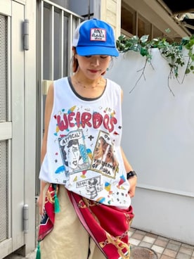 「RNA（アールエヌエー）のE5280 メッシュキャップ（キャップ、ブルー系）」を使った、RNA MEDIA ZOZOTOWN STAFFさん（レディース・163cm）の夏コーディネート