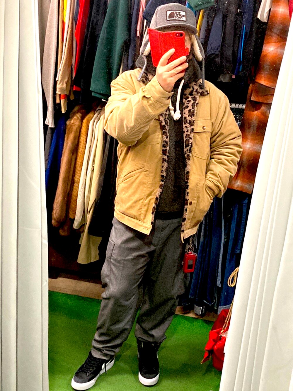 「THE NORTH FACE、MONKEY TIME、FREAK’Ｓ STORE、NIKE、今日のコーデ、秋冬コーデ、オトナカジュアル、オーバーサイズ、冬、ゆるコーデ、レオパード」｜「THE NORTH FACEのアイテム（キャップ、グレー系）」を使った、( ^ω^ )Hiko743さん（メンズ・172cm）の冬コーディネートの1枚目の写真