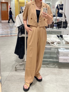 「one after another NICE CLAUP(ワンアフターアナザーナイスクラップ)のセットアップで着られる/美却スラックスパンツ(スラックス、ベージュ系)」を使った、miguさん(レディース・164cm)の夏コーディネート