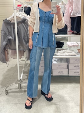 「one after another NICE CLAUP(ワンアフターアナザーナイスクラップ)の【S/Mサイズ】ハイウエストワイドデニム(デニムパンツ、その他)」を使った、miguさん(レディース・164cm)の夏コーディネート