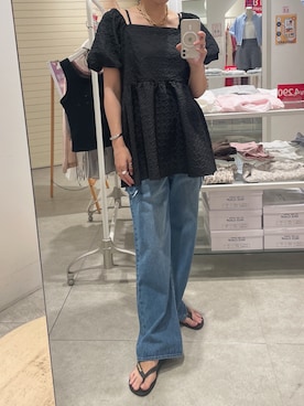 「one after another NICE CLAUP(ワンアフターアナザーナイスクラップ)の【S/Mサイズ】ハイウエストワイドデニム(デニムパンツ、その他)」を使った、miguさん(レディース・164cm)の夏コーディネート