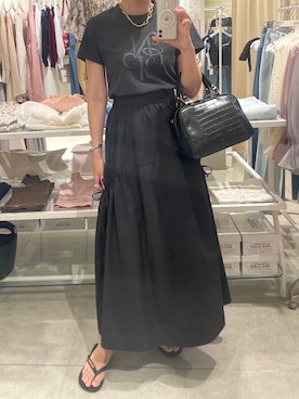 「one after another NICE CLAUP(ワンアフターアナザーナイスクラップ)のサイドリボンスカート(スカート、ブラック系)」を使った、miguさん(レディース・164cm)の夏コーディネート