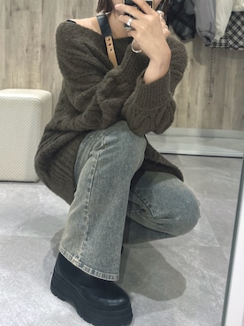 「one after another NICE CLAUP(ワンアフターアナザーナイスクラップ)のVネックケーブルニットワンピ/PAL限定カラーあり(ワンピース/ドレス、ブラウン系)」を使った、miguさん(レディース・164cm)の秋コーディネート