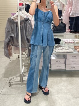 「one after another NICE CLAUP(ワンアフターアナザーナイスクラップ)の【S/Mサイズ】ハイウエストワイドデニム(デニムパンツ、その他)」を使った、miguさん(レディース・164cm)の夏コーディネート
