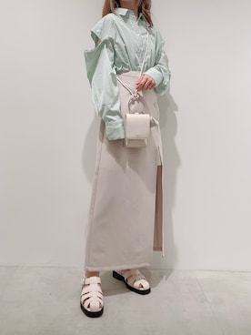 「one after another NICE CLAUP（ワンアフターアナザーナイスクラップ）のサイドボタンスリットスカート（スカート）」を使った、aya_shapoさん（レディース・155cm）の夏コーディネート