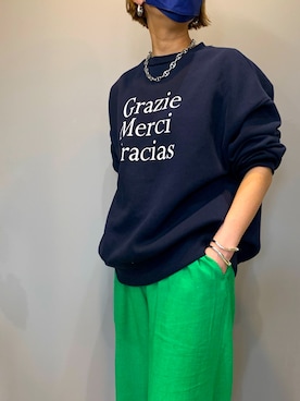 「FREAK'S STORE（フリークスストア）のカラージョーゼットパンツ（スラックス、グリーン系）」を使った、komugiさん（レディース・158cm）の春コーディネート