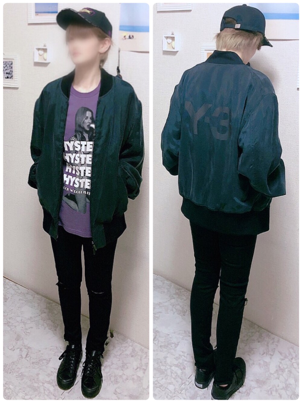 パープル系のTシャツ/カットソー、ブラック系のジャケット/アウター、ブラック系のデニムパンツを着用したレディースの春コーディネートの1枚目の写真