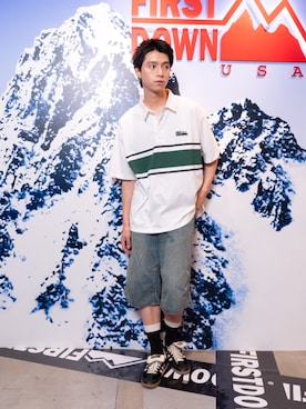 「ラガーシャツ」｜FIRST DOWN USAさん（メンズ・180cm）の夏コーディネート