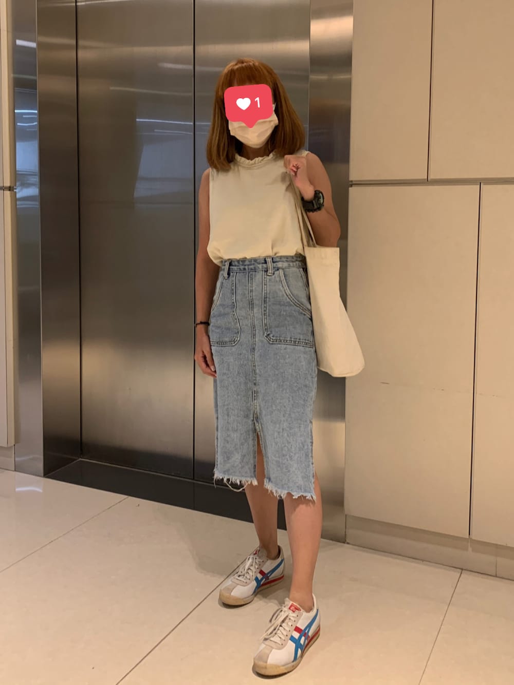「H&Mのアイテム（デニムスカート、ブルー系）」を使った、mini.meさん（レディース・150cm）の夏コーディネートの1枚目の写真