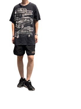 「古着のクラシックカー両面プリントTシャツ（Tシャツ/カットソー、ブラック系）」を使った、168さん（メンズ・170cm）の夏コーディネート
