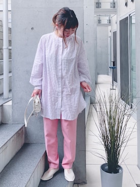 「アイテム（シャツ/ブラウス、ピンク系）」を使った、acoさん（レディース・158cm）の春コーディネート