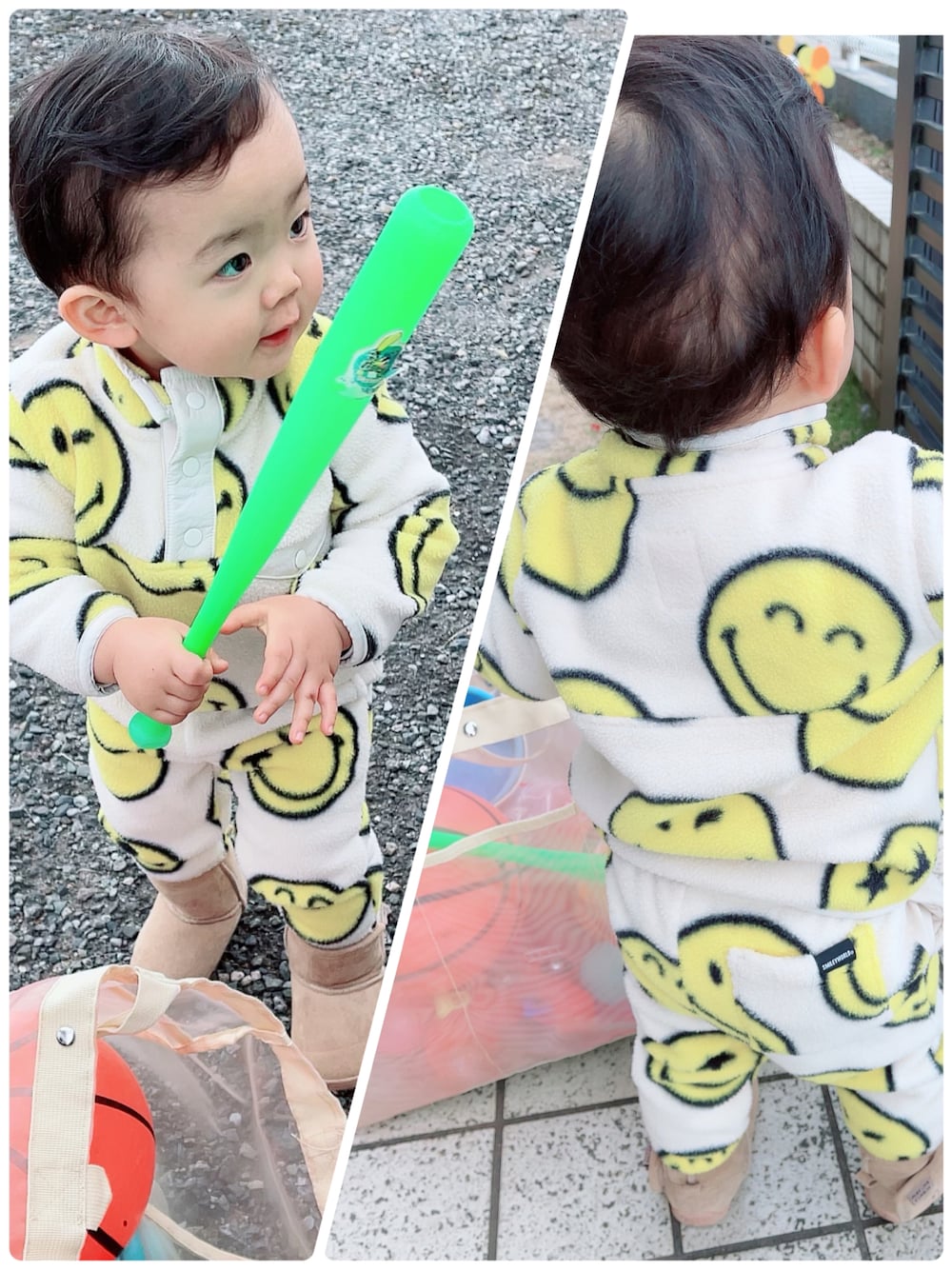 「男の子、男の子コーデ、セットアップ、セットアップコーデ、ムートンブーツ、冬コーデ、あったかコーデ、GAP、スマイル、フリース、お洒落さんとつながりたい、公園スタイル、柄パンツ」｜「GAPのアイテム（その他トップス、その他）」を使った、marutomoさん（キッズ・80cm）の冬コーディネートの1枚目の写真