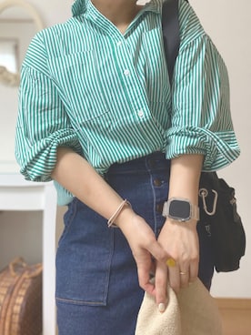「mystic（ミスティック）のストライプシャツ（シャツ/ブラウス、グリーン系）」を使った、𝕂𝕒𝕋（きゃっと）さん（レディース・150cm）の夏コーディネート