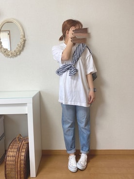 「UNIQLO（ユニクロ）のアイテム（Tシャツ/カットソー、ホワイト系）」を使った、𝕂𝕒𝕋（きゃっと）さん（レディース・150cm）の夏コーディネート
