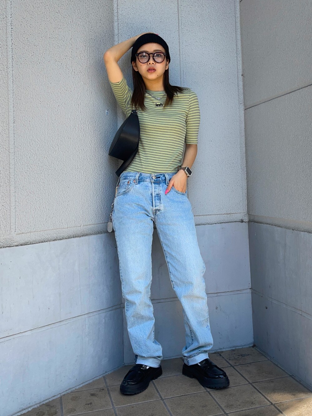 「デニムっていいよね、ボーダー、デニム、ロゴT、休日スタイル、y2k、ストリート、メンズライク、Levi's」｜「BACK NUMBERの【BACK NUMBER】コットンワッチ（ニットキャップ/ビーニー、ブラック系）」を使った、Mikuriさん（レディース・160cm）の夏コーディネートの1枚目の写真