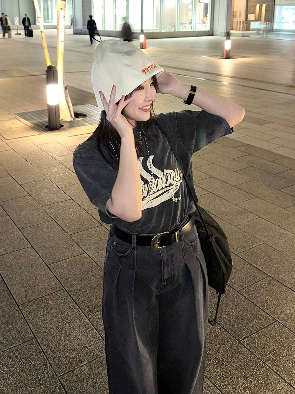 「着痩せ・細見え、春コーデ、骨格ストレート、PAGEBOY、PBLIM」｜「PAGEBOYの【サウナボーイ×LIMMY CAT】サウナハット《UNISEX》（ハット、ホワイト系）」を使った、ハオさん（レディース・158cm）の春コーディネートの1枚目の写真