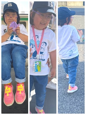 「BEAMS mini（ビームスミニ）のアイテム（帽子）」を使った、つぶあんさん（キッズ・110cm）の春コーディネート