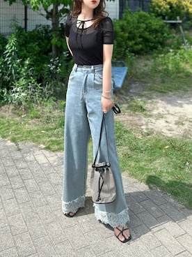 「tiptop（ティップトップ）の前後2wayリボン半袖Tシャツ（Tシャツ/カットソー、ブラック系）」を使った、KASUMIさん（レディース・161cm）の夏コーディネート