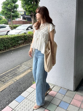 「tiptop（ティップトップ）のリボン使いギャザーブラウス（シャツ/ブラウス）」を使った、KASUMIさん（レディース・161cm）の夏コーディネート