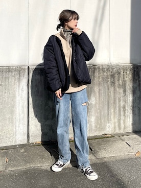 「ボーダーニット」｜「アイテム（スウェット）」を使った、KASUMIさん（レディース・161cm）の冬コーディネート