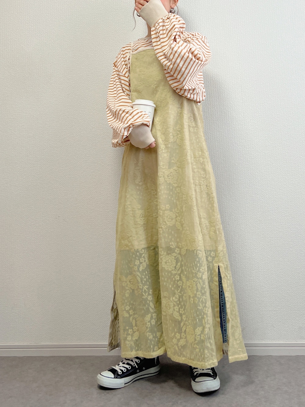 「春服、お出かけコーデ、シンプルコーデ、春色、楽チンコーデ、休日コーデ、春夏コーデ、低身長女子、骨格ウェーブ、レース、ワンピース、Crisp、クリスプ」｜「Crispの2wayショートボーダーティーシャツ（Tシャツ/カットソー、ベージュ系）」を使った、ɴɪᴄᴏ.ᴀʏᴀさん（レディース・149cm）の春コーディネートの1枚目の写真