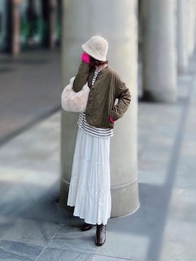 「ティアードスカート」｜「アイテム（ミリタリージャケット）」を使った、minmin08_さん（レディース・158cm）の秋コーディネート