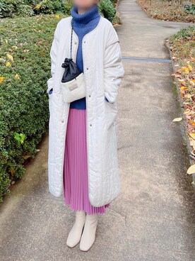 「キルティングバッグ」｜「アイテム（ノーカラーコート）」を使った、minmin08_さん（レディース・158cm）の冬コーディネート
