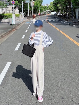 「ボーダーTシャツ」｜「アイテム（オールインワン・サロペット）」を使った、minmin08_さん（レディース・158cm）の春コーディネート