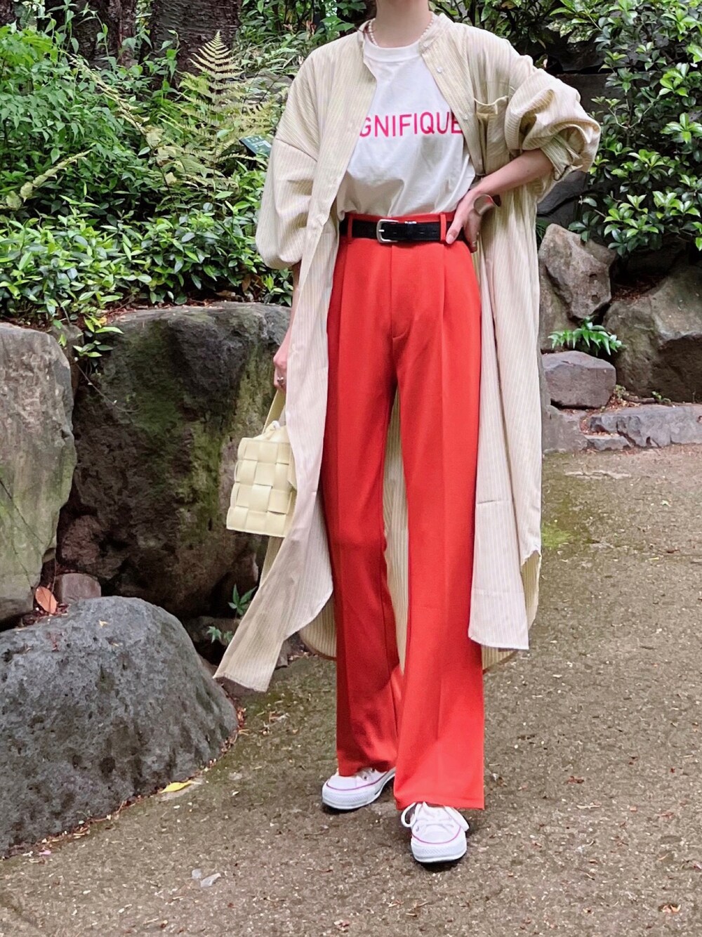 「しまむら、しまむらコーデ、しまパト、SAYUNAO、ストライプシャツ、シャツワンピース、オレンジ、イエロー、スニーカーコーデ、プチプラ、プチプラコーデ、春コーデ、夏コーデ」｜「しまむらのアイテム（シャツワンピース、イエロー系）」を使った、minmin08_さん（レディース・158cm）の春コーディネートの1枚目の写真
