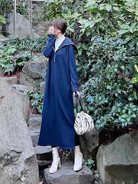 「巾着バッグ」｜「アイテム（ノーカラーコート）」を使った、minmin08_さん（レディース・158cm）の冬コーディネート