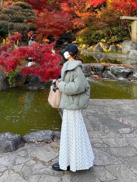 「ティアードスカート」｜「アイテム（ダウンジャケット/コート）」を使った、minmin08_さん（レディース・158cm）の冬コーディネート