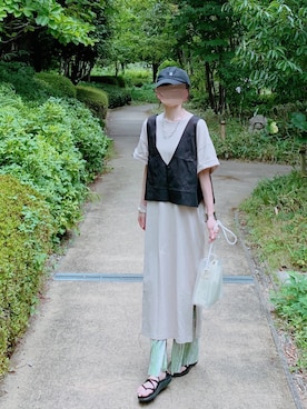 「Futier land（フューティアランド）のマーブル柄プリーツワイドパンツ（その他パンツ）」を使った、minmin08_さん（レディース・158cm）の夏コーディネート