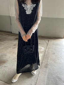 Leja レースネックラメブラウス切替スリットロングドレスワンピース Leja｜LEJA-レースラメスリットロングワンピースドレス結婚式