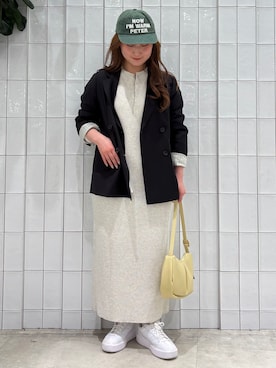 「B.C STOCK（ベーセーストック）の無地ストライプジャケット（テーラードジャケット、ブラック系）」を使った、Yuiさん（レディース）の春コーディネート
