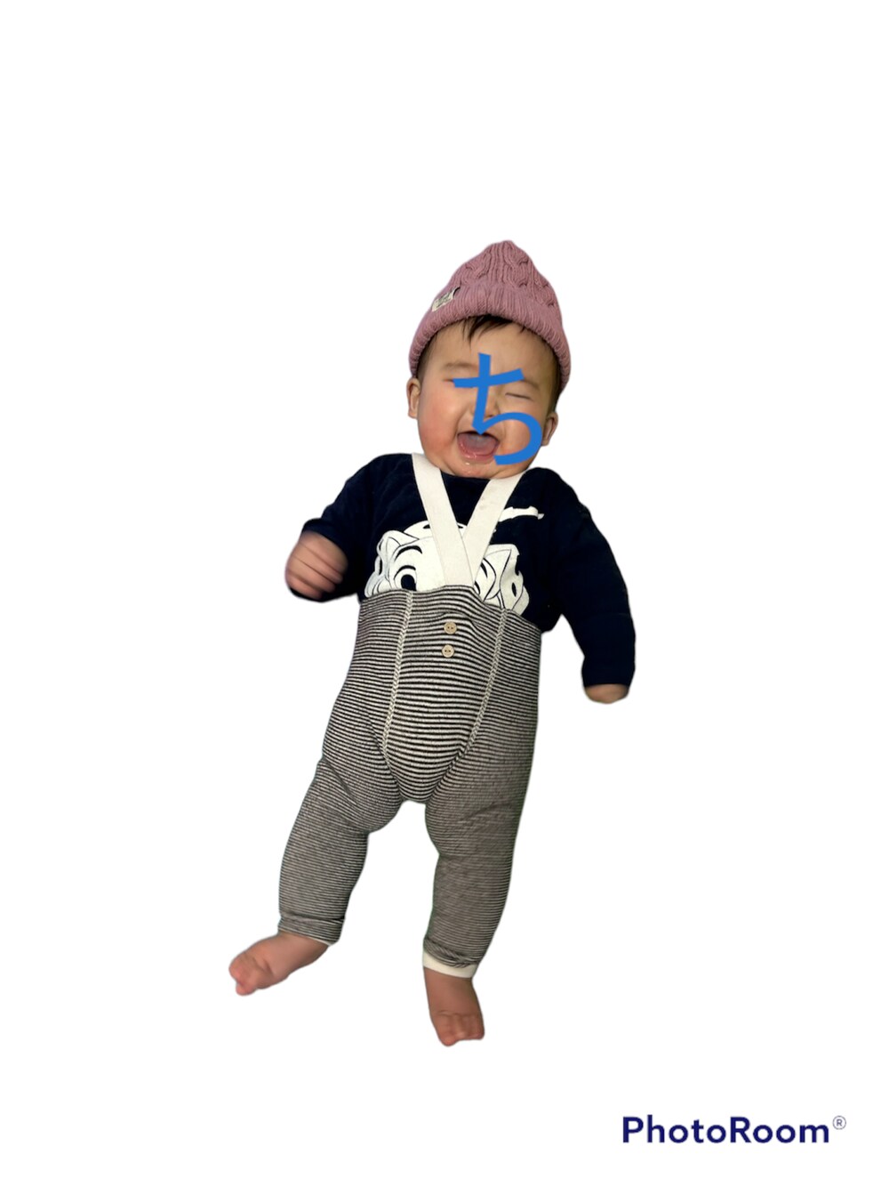 「プチプラ、101匹わんちゃん、サロペット、ニット帽、サスペンダー、むちむち、あかちゃんコーデ、おとこのこ、アプレレクール、キッズファッション」｜「Birthdayのアイテム（ニットキャップ/ビーニー、ピンク系）」を使った、あちゃも＊ちー＊ぺぇさん（キッズ・120cm）の冬コーディネートの1枚目の写真