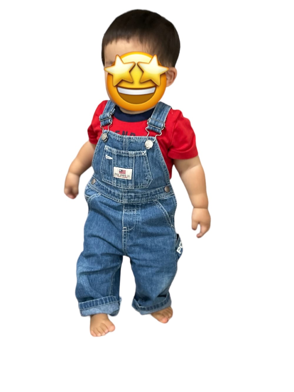 「Polo Ralph Lauren、POLOJEANS、古着MIX、キッズコーデ、デニム、1歳、デニムサロペット、オーバーオール、古着キッズ、babygap」｜「POLO RALPH LAURENのアイテム（つなぎ/オールインワン、ブルー系）」を使った、あちゃも＊ちー＊ぺぇさん（キッズ・120cm）の秋コーディネートの1枚目の写真