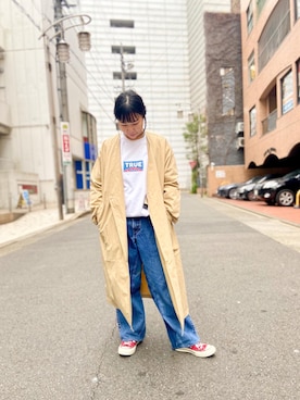 「MANASTASH（マナスタッシュ）のアイテム（ノーカラーコート）」を使った、小林さん（レディース・155cm）の冬コーディネート