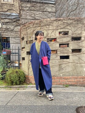 「MANASTASH（マナスタッシュ）のアイテム（ノーカラーコート）」を使った、小林さん（レディース・155cm）の冬コーディネート